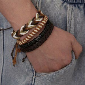 Mens Geniune Leather Rope Braided Weaved Bracelets Set 4 Adjustable Party Gift